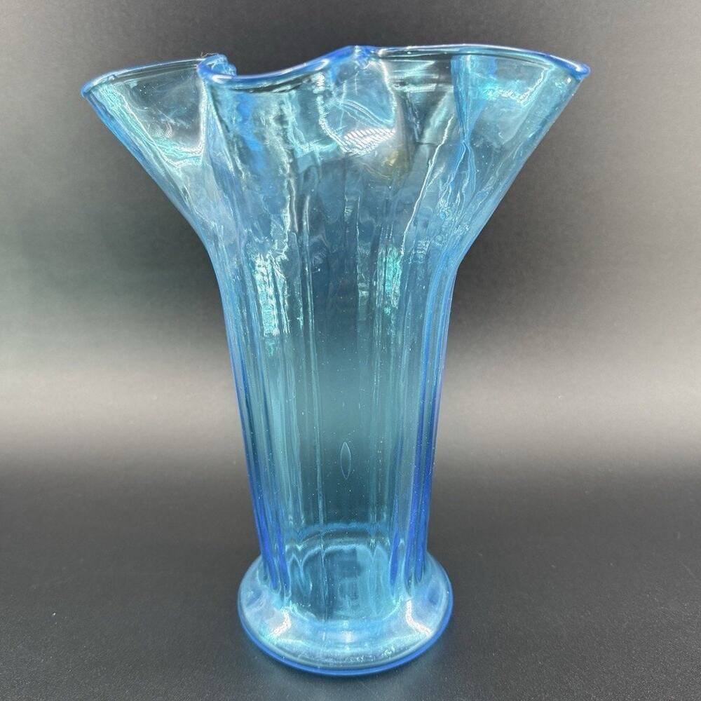Vintage Deep Blue Ruffled Vase Ribbed And Flared Art Glass Art Studio Glass